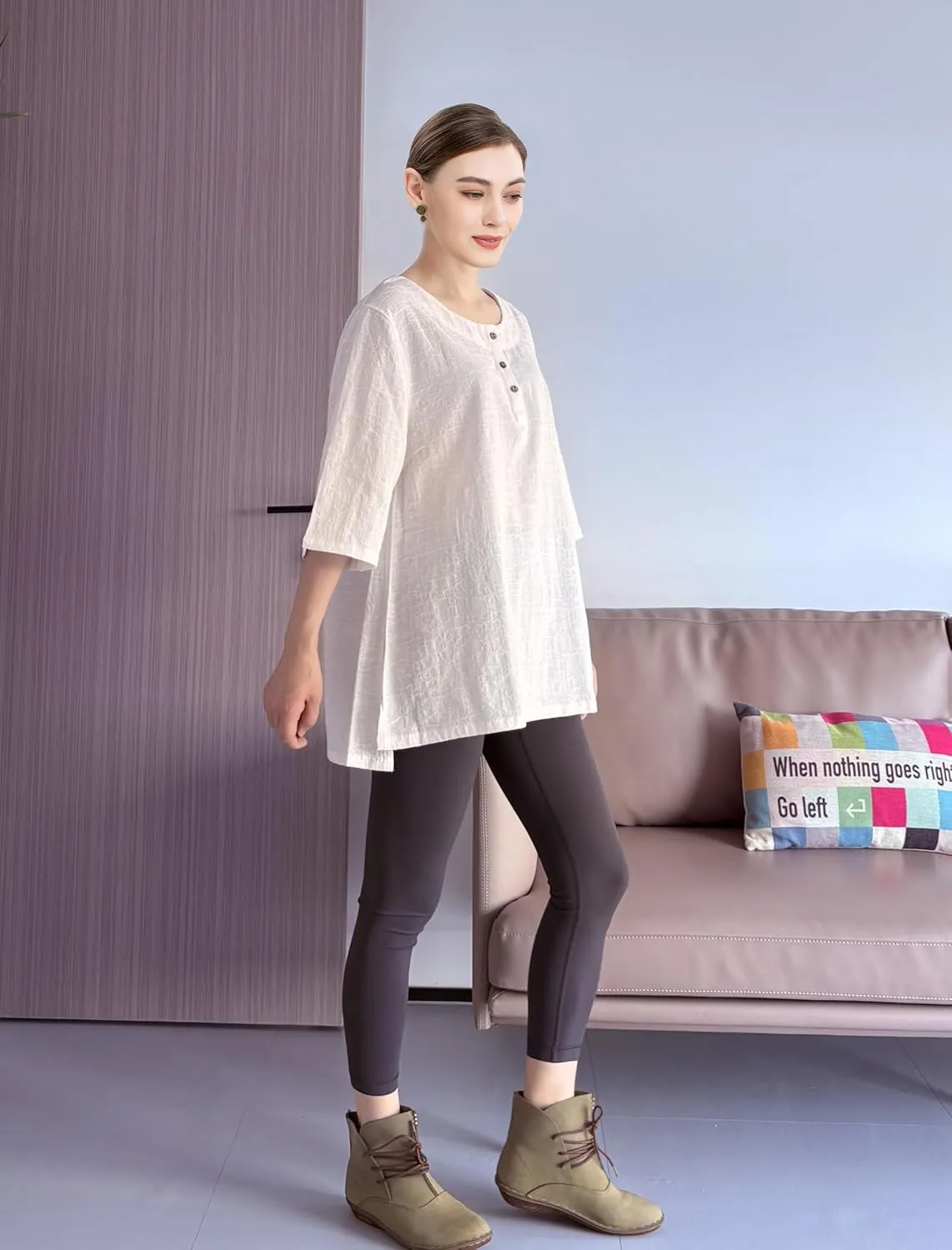 Minibee Women's 3/4 Sleeve Cotton Linen Jacquard Blouses Top T-Shirt
