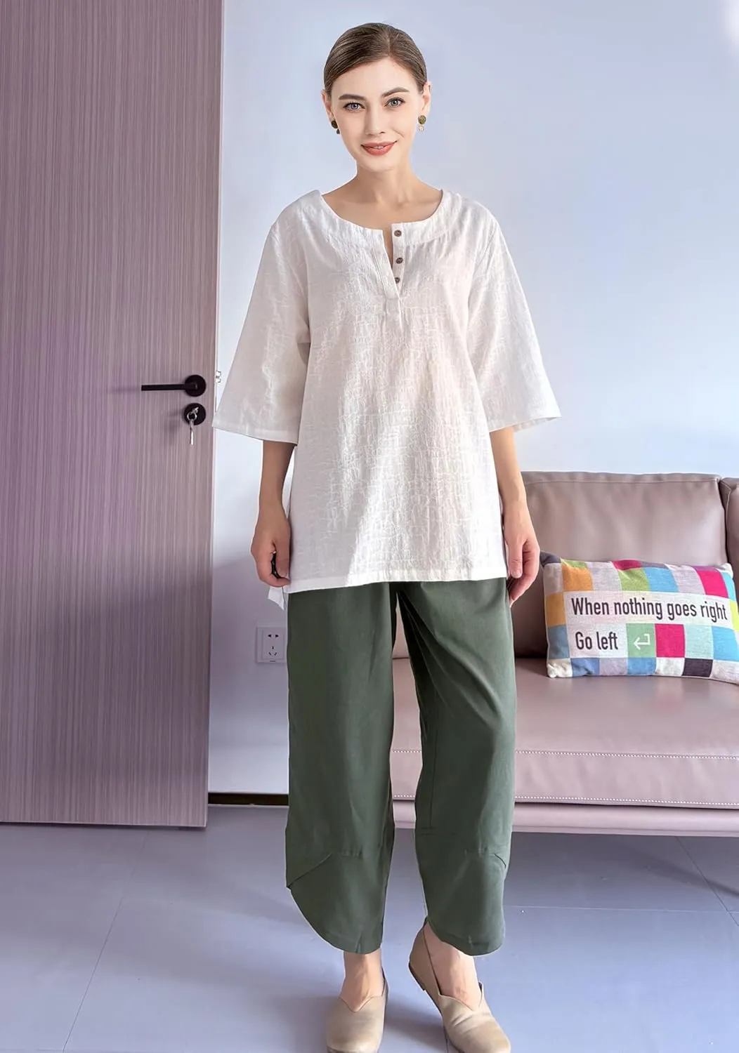 Minibee Women's 3/4 Sleeve Cotton Linen Jacquard Blouses Top T-Shirt