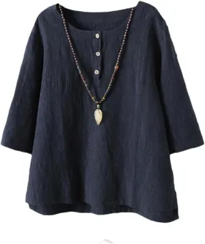 Minibee Women's 3/4 Sleeve Cotton Linen Jacquard Blouses Top T-Shirt