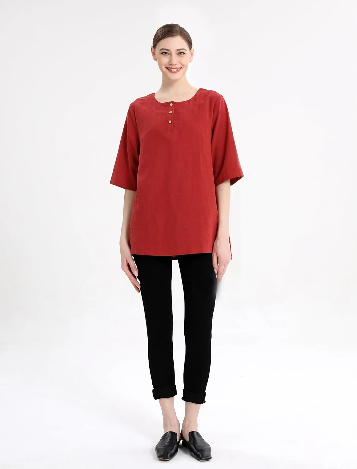 Minibee Women's 3/4 Sleeve Cotton Linen Jacquard Blouses Top T-Shirt