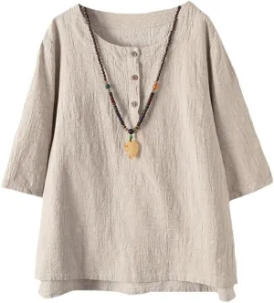 Minibee Women's 3/4 Sleeve Cotton Linen Jacquard Blouses Top T-Shirt