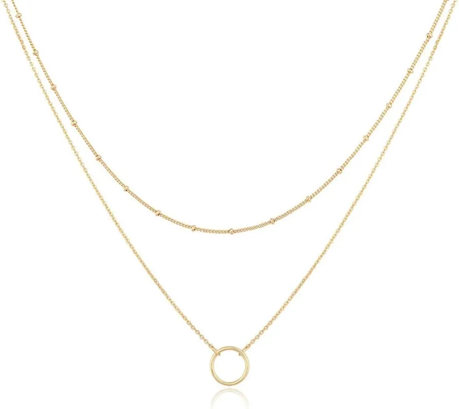 Minimalist Double Layers Gold Circular Ring Zinc Alloy Pendant Necklaces for Women