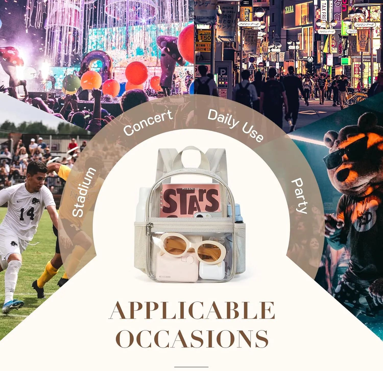 Missnine Clear Mini Backpack Stadium Approved, Thick PVC Mini Clear Bag for Sport Events, Concert, Festival