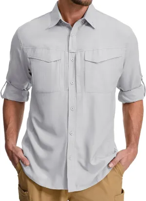 mixtiq Men's Sun Protection Safari Shirts Long Sleeve UPF 50  UV Quick Dry Travel Hiking Fishing Shirts with Zipper