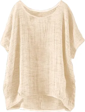 Miyaomn Women's Casual Linen Shirts Oversized Short Sleeve Crewneck Loose Fit Tees Blouse Summer Lightweight Solid Tunic Tops