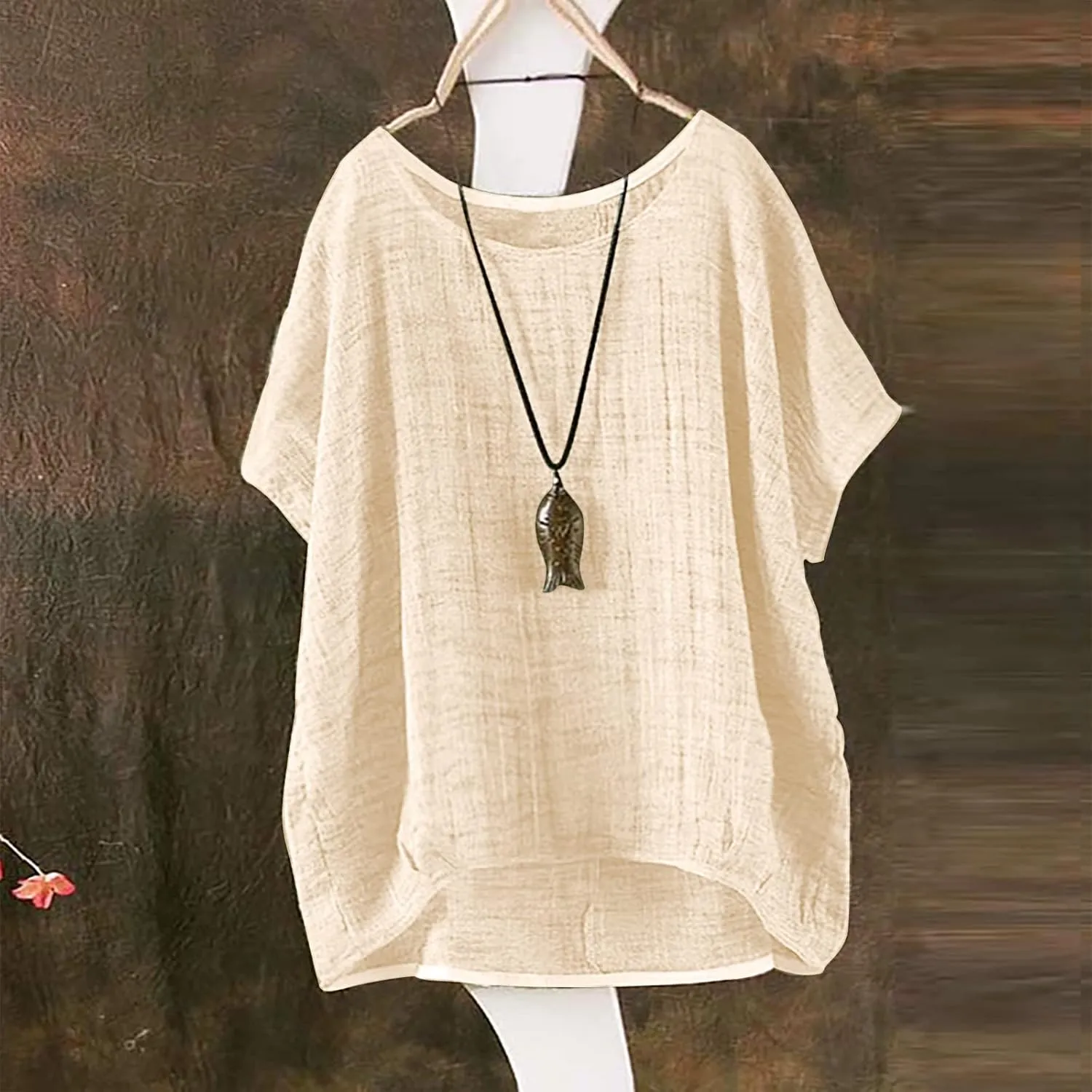 Miyaomn Women's Casual Linen Shirts Oversized Short Sleeve Crewneck Loose Fit Tees Blouse Summer Lightweight Solid Tunic Tops