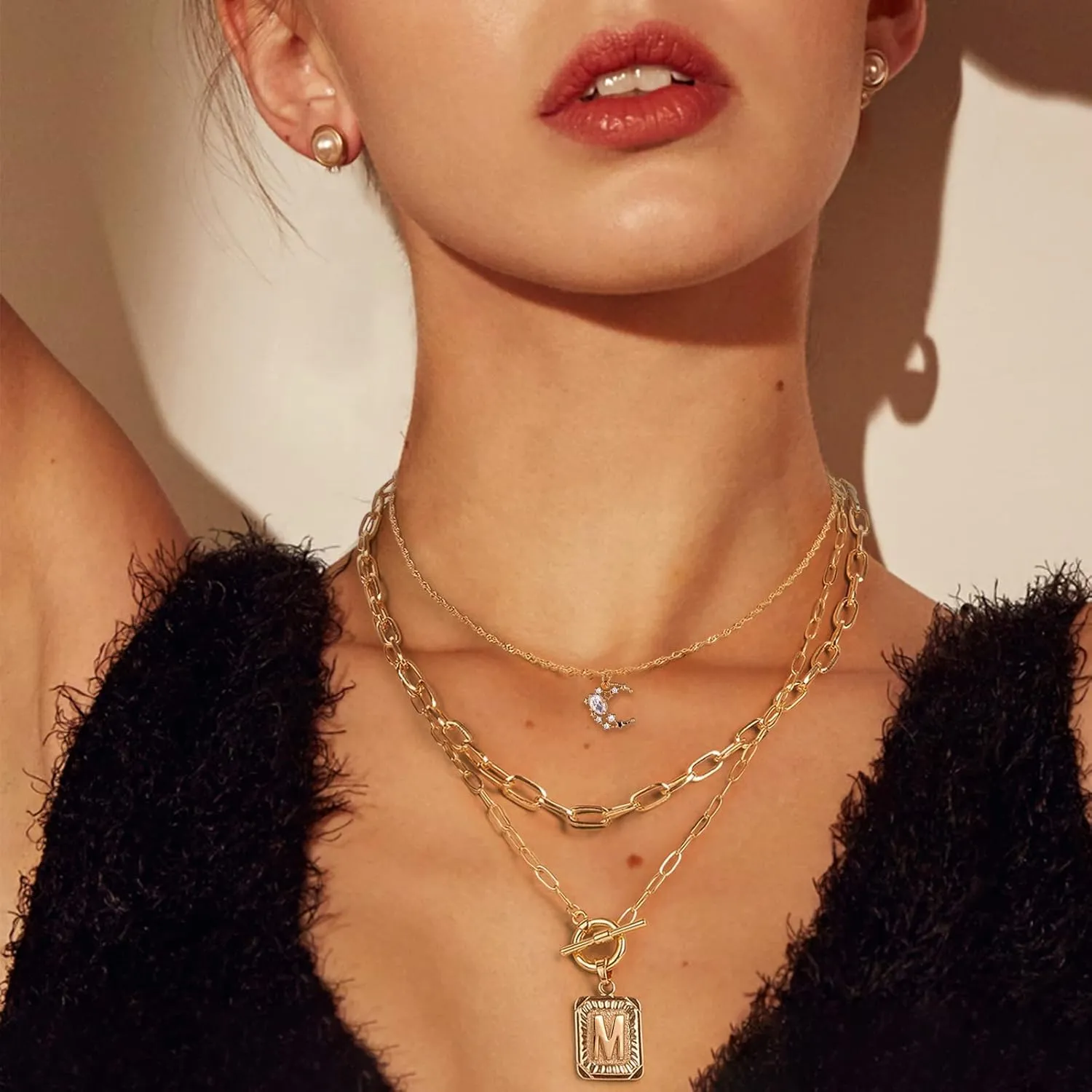 MJartoria Layered Initial Necklaces for Women Trendy, 14K Gold Plated Simple Moon Choker Square Letter Pendant Necklace, Paperclip Chain Necklace, Gold Necklaces Jewelry Gifts