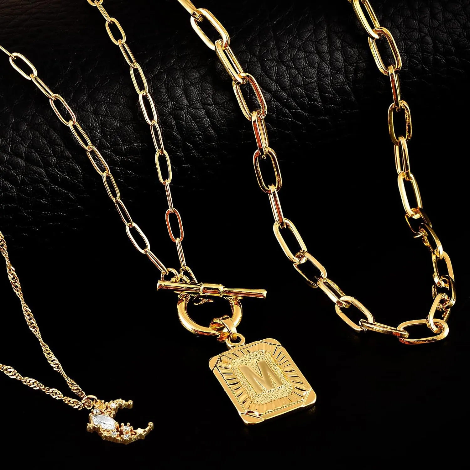 MJartoria Layered Initial Necklaces for Women Trendy, 14K Gold Plated Simple Moon Choker Square Letter Pendant Necklace, Paperclip Chain Necklace, Gold Necklaces Jewelry Gifts