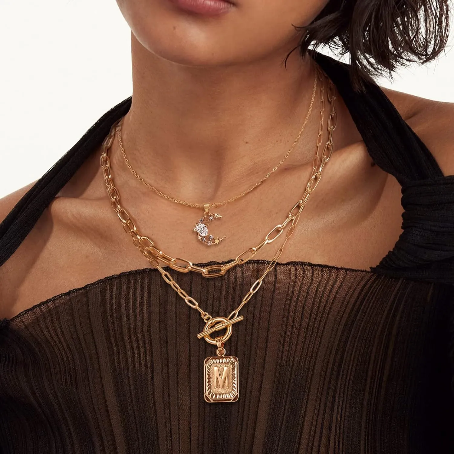 MJartoria Layered Initial Necklaces for Women Trendy, 14K Gold Plated Simple Moon Choker Square Letter Pendant Necklace, Paperclip Chain Necklace, Gold Necklaces Jewelry Gifts