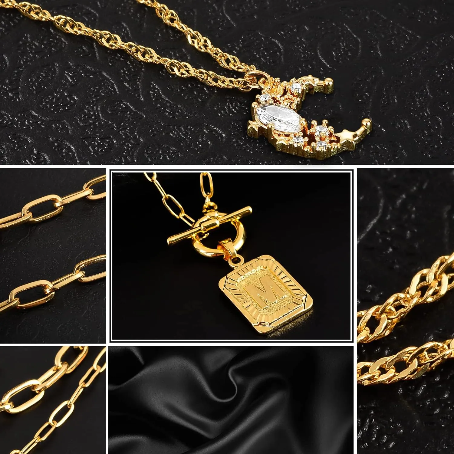 MJartoria Layered Initial Necklaces for Women Trendy, 14K Gold Plated Simple Moon Choker Square Letter Pendant Necklace, Paperclip Chain Necklace, Gold Necklaces Jewelry Gifts