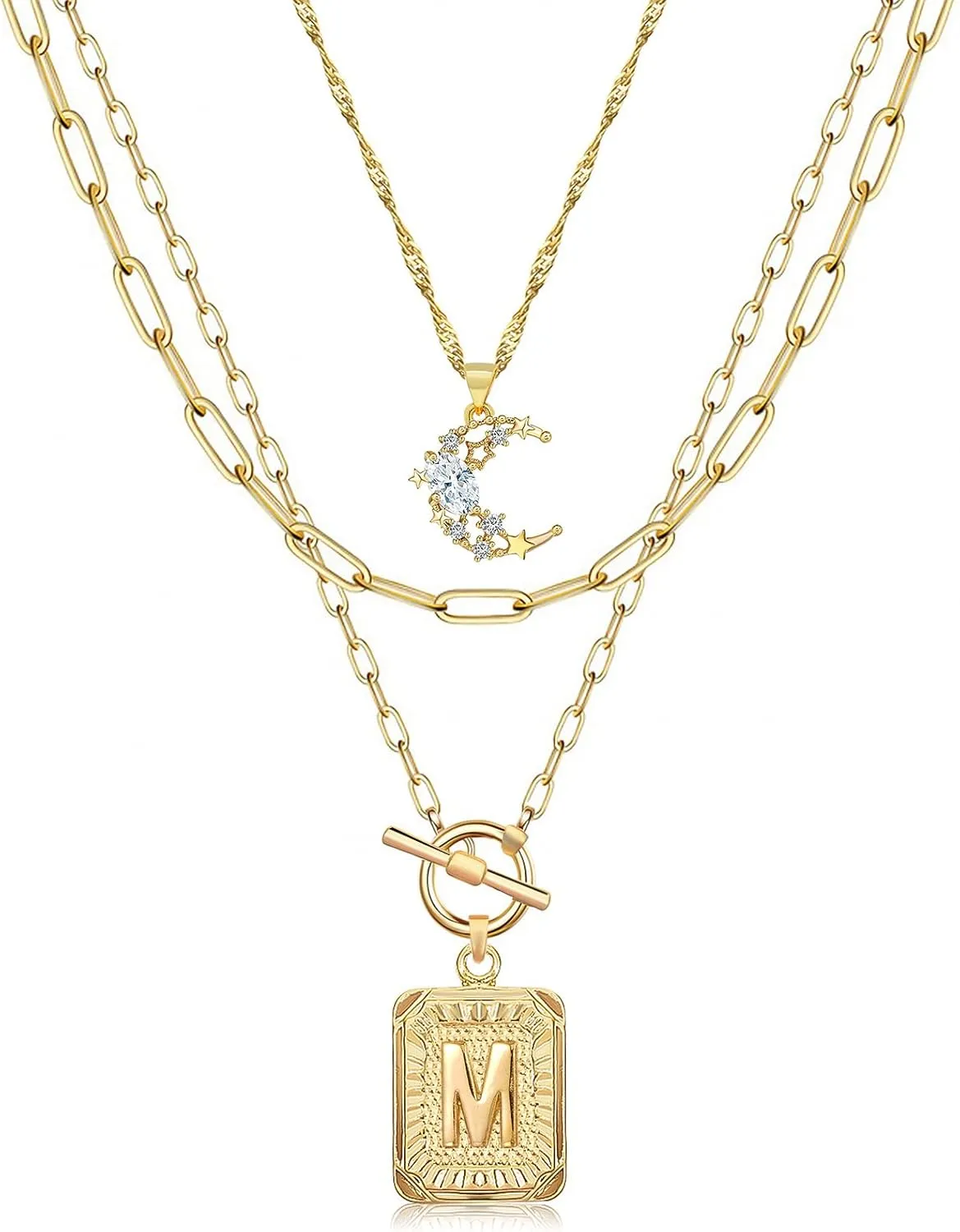 MJartoria Layered Initial Necklaces for Women Trendy, 14K Gold Plated Simple Moon Choker Square Letter Pendant Necklace, Paperclip Chain Necklace, Gold Necklaces Jewelry Gifts