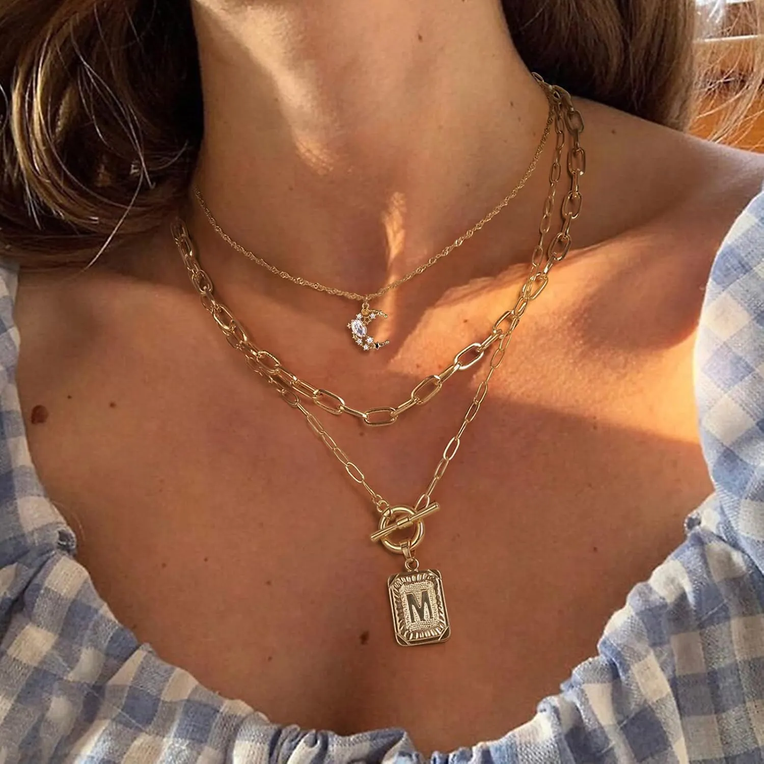 MJartoria Layered Initial Necklaces for Women Trendy, 14K Gold Plated Simple Moon Choker Square Letter Pendant Necklace, Paperclip Chain Necklace, Gold Necklaces Jewelry Gifts