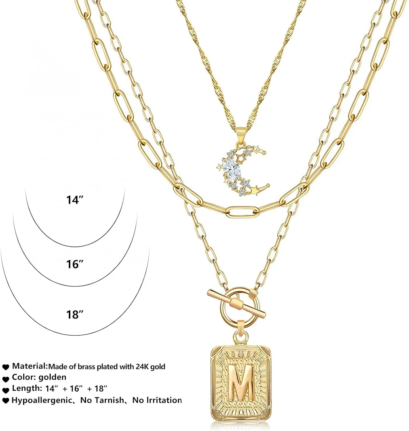 MJartoria Layered Initial Necklaces for Women Trendy, 14K Gold Plated Simple Moon Choker Square Letter Pendant Necklace, Paperclip Chain Necklace, Gold Necklaces Jewelry Gifts