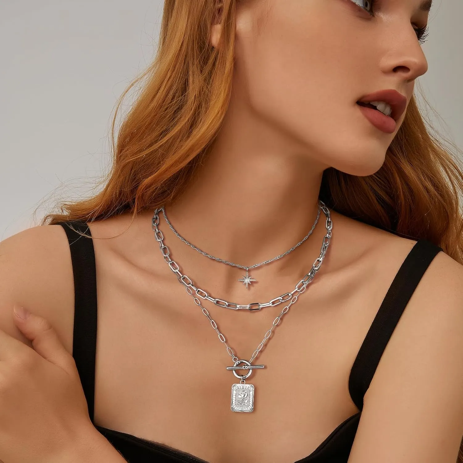 MJartoria Layered Necklaces for Women Trendy, 14K Gold Plated Simple Star Choker Square Flower Pendant Necklace, Paperclip Chain Necklace, Gold Necklaces Jewelry Gifts