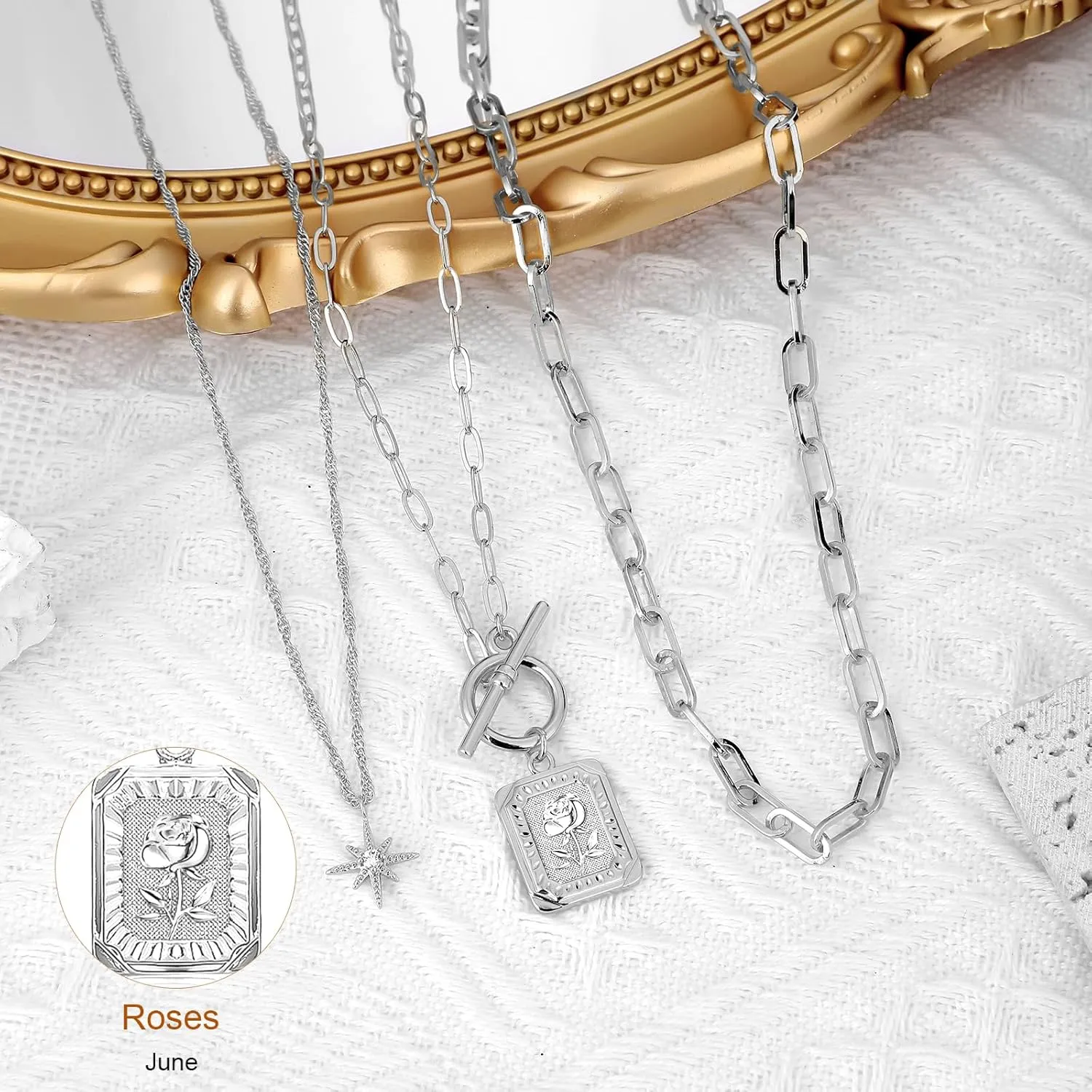 MJartoria Layered Necklaces for Women Trendy, 14K Gold Plated Simple Star Choker Square Flower Pendant Necklace, Paperclip Chain Necklace, Gold Necklaces Jewelry Gifts