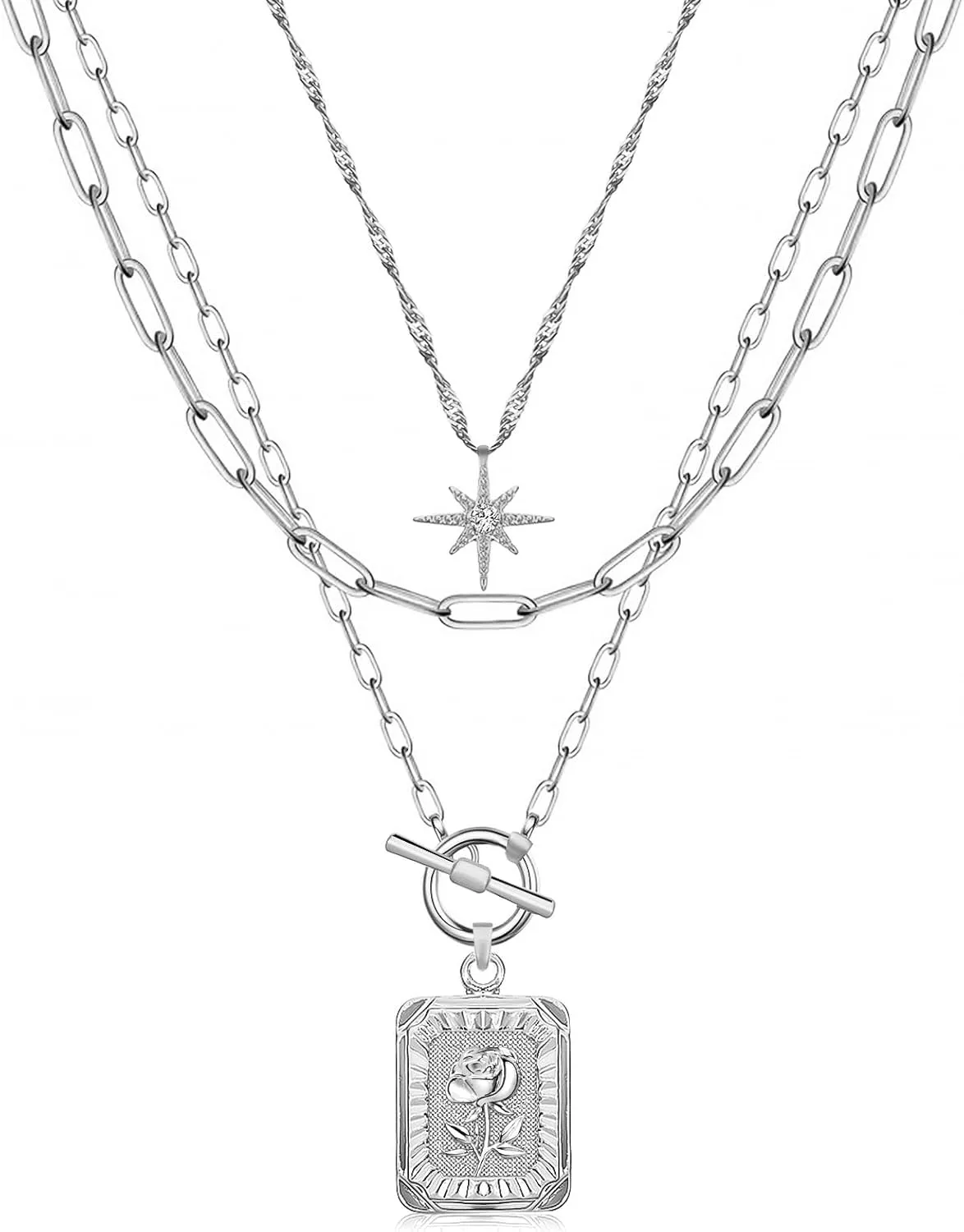 MJartoria Layered Necklaces for Women Trendy, 14K Gold Plated Simple Star Choker Square Flower Pendant Necklace, Paperclip Chain Necklace, Gold Necklaces Jewelry Gifts