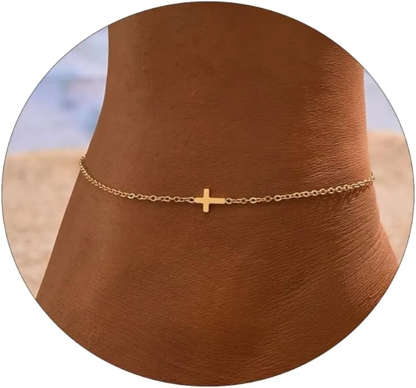 MOLEVY Ankle Bracelets for Women 14K Gold Plated Anklet Silver Anklets Waterproof Evil Eye Beaded Pearl Tennis Crystal Heart Cuba Link Chain Anklets Dainty Jewelry Gift for Her