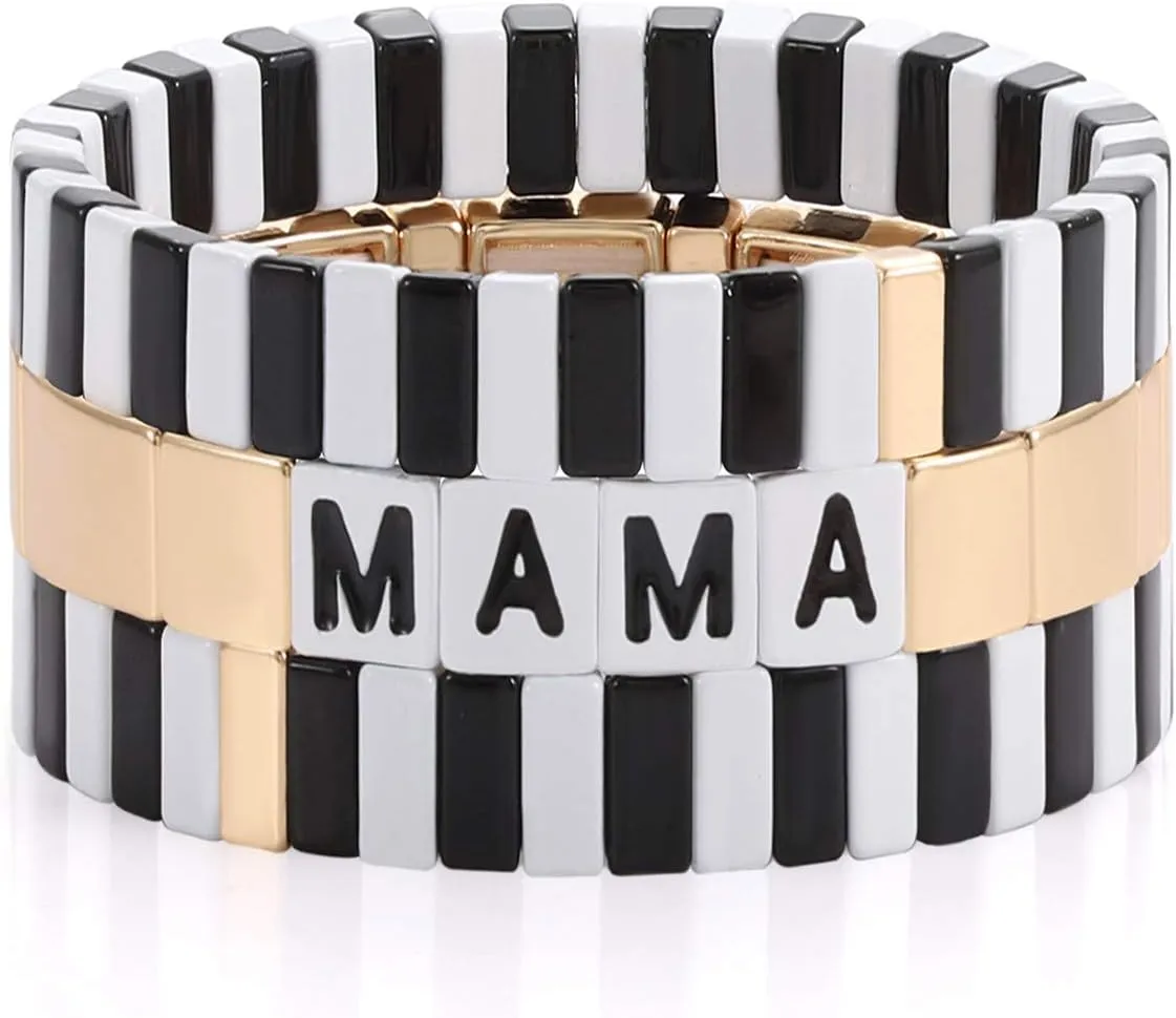 Mothers Day Gift Tile Bracelet MAMA Enamel Colorblock Tile Bead Bracelet Stackable Sweet Mama Tile Link Stretch Bracelet Set of 3 Strands Jewelry