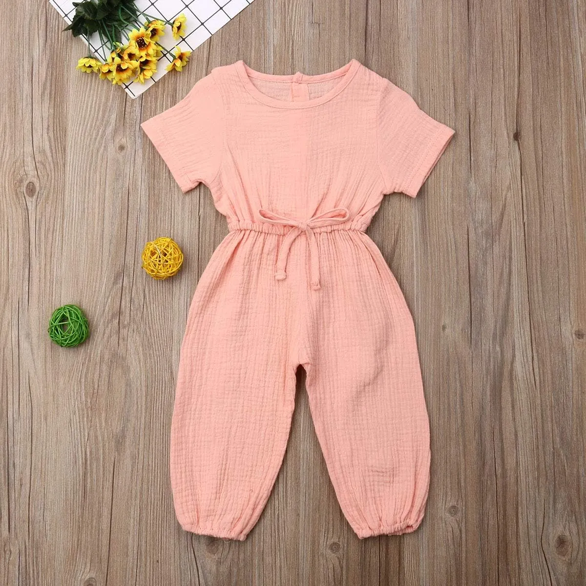 Mubineo Toddler Baby Girl Summer Fall Basic Plain Short Sleeve Cotton Linen Drawstring Romper Jumpsuit