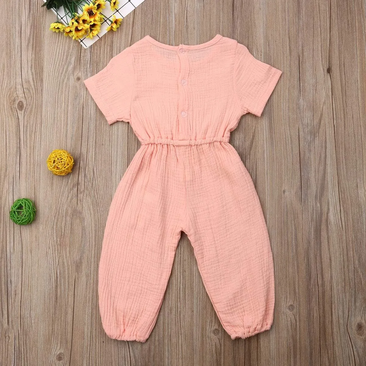 Mubineo Toddler Baby Girl Summer Fall Basic Plain Short Sleeve Cotton Linen Drawstring Romper Jumpsuit