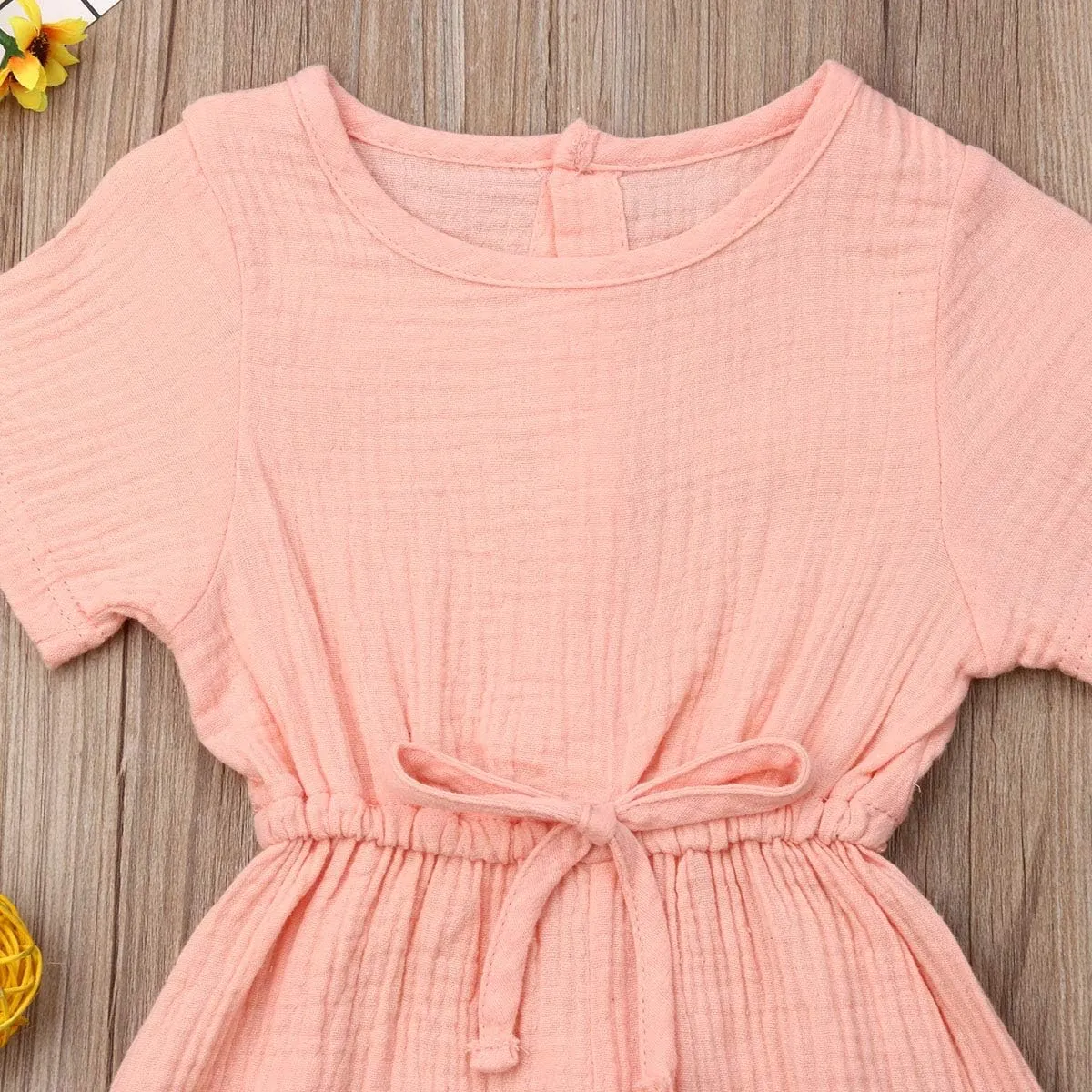 Mubineo Toddler Baby Girl Summer Fall Basic Plain Short Sleeve Cotton Linen Drawstring Romper Jumpsuit