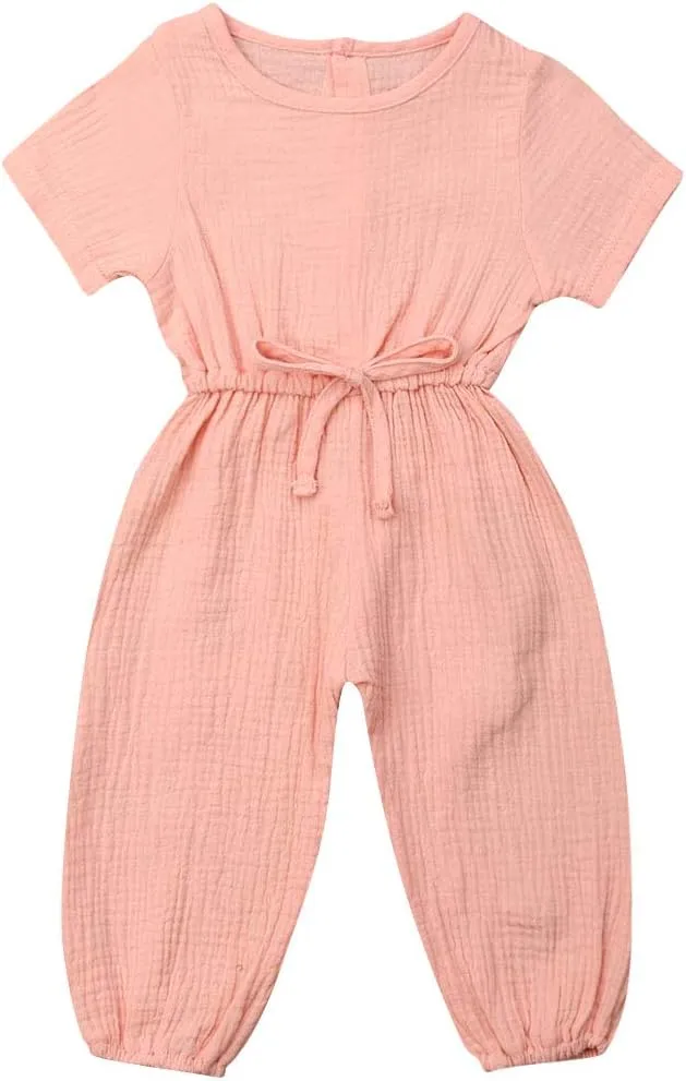 Mubineo Toddler Baby Girl Summer Fall Basic Plain Short Sleeve Cotton Linen Drawstring Romper Jumpsuit