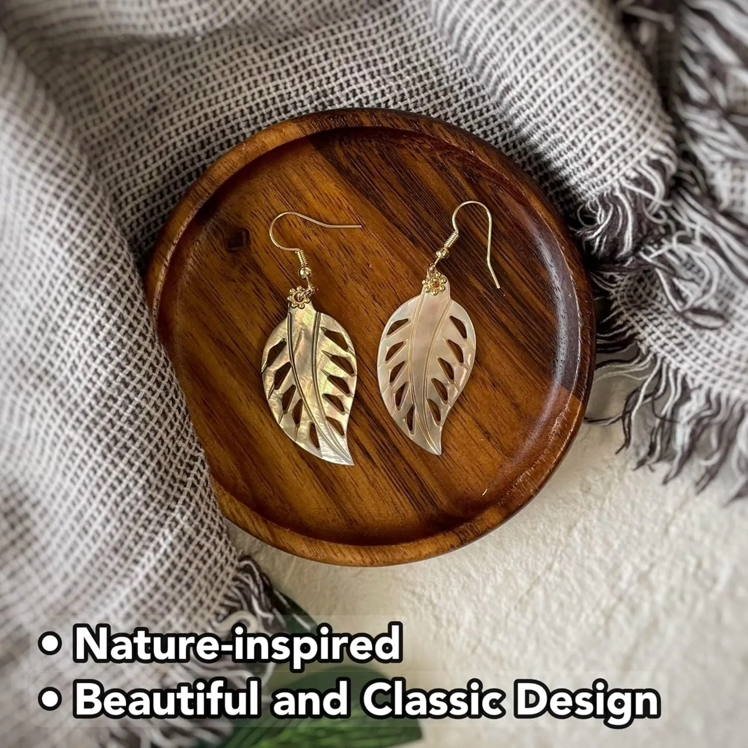 Natural Shell Leaf Earrings, Carved Mother of Pearl 18k Gold Plated Drop Dangle Earrings for Women Girl Beach Jewelry Gift (Black Shell)