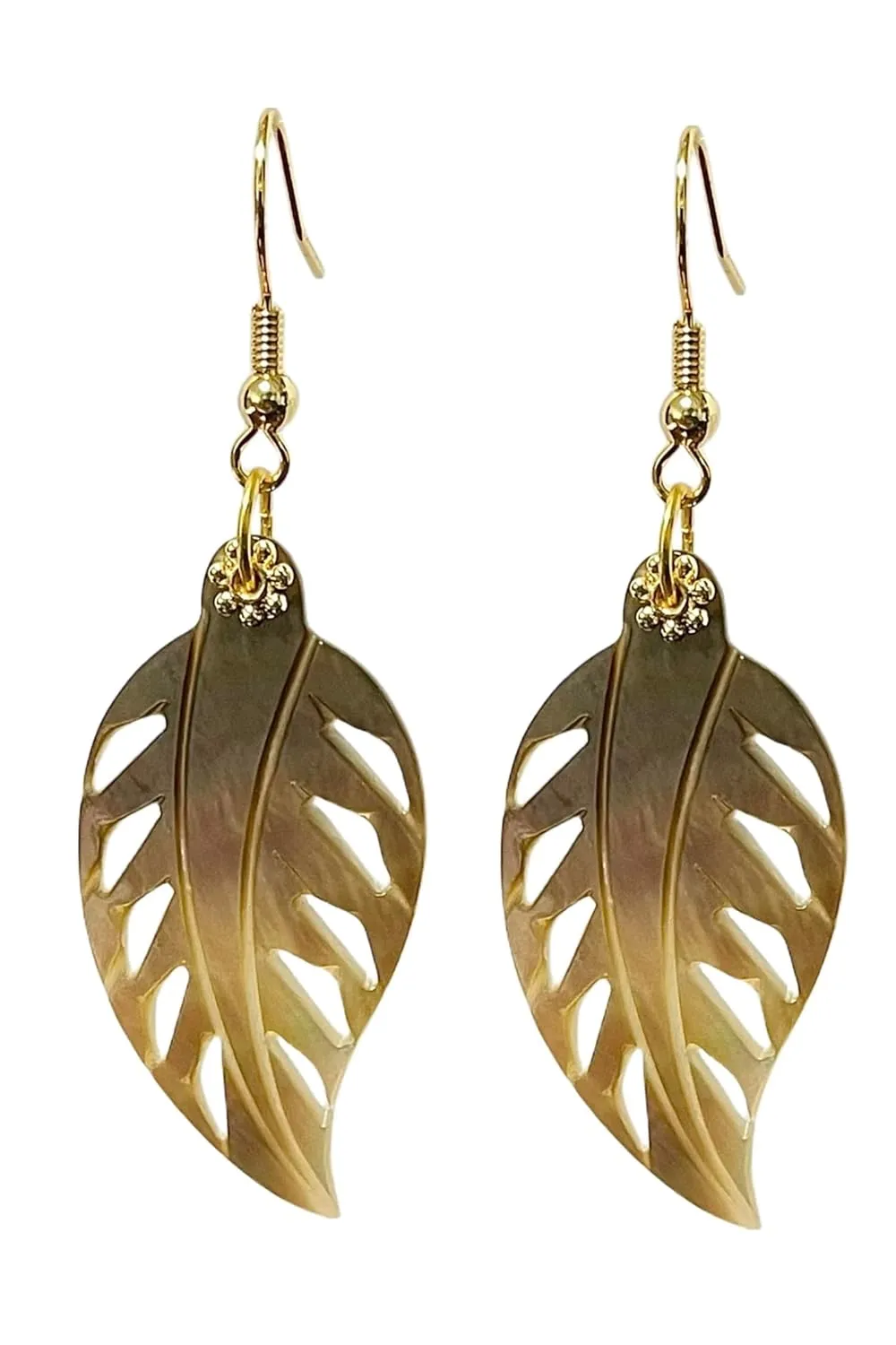 Natural Shell Leaf Earrings, Carved Mother of Pearl 18k Gold Plated Drop Dangle Earrings for Women Girl Beach Jewelry Gift (Black Shell)