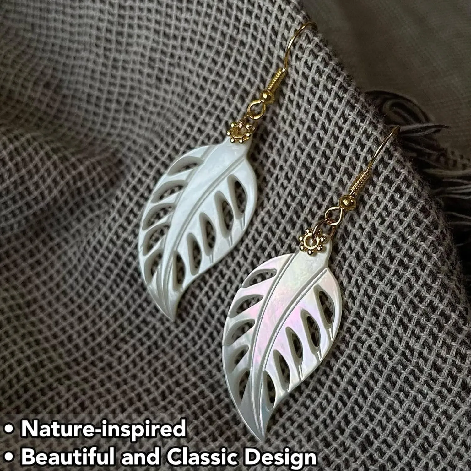 Natural Shell Leaf Earrings, Carved Mother of Pearl 18k Gold Plated Drop Dangle Earrings for Women Girl Beach Jewelry Gift (White Shell)