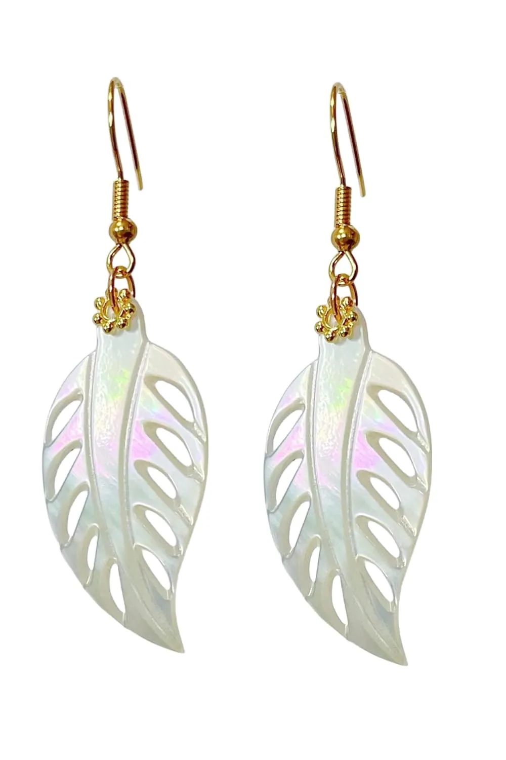 Natural Shell Leaf Earrings, Carved Mother of Pearl 18k Gold Plated Drop Dangle Earrings for Women Girl Beach Jewelry Gift (White Shell)