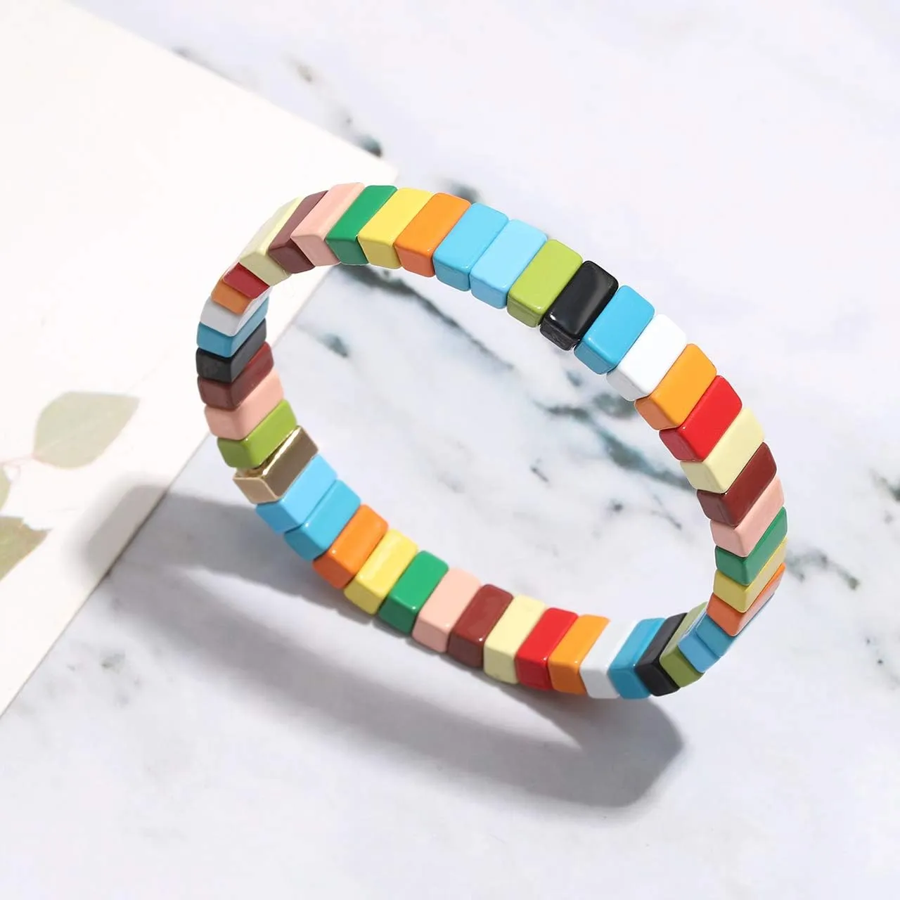 NVENF Tile Bracelets Enamel Rainbow Tile Bead Bracelets Colorblock Stackable Stretch Bracelets Bohemia Tile Strand Bangle Bracelet Set for Women Men