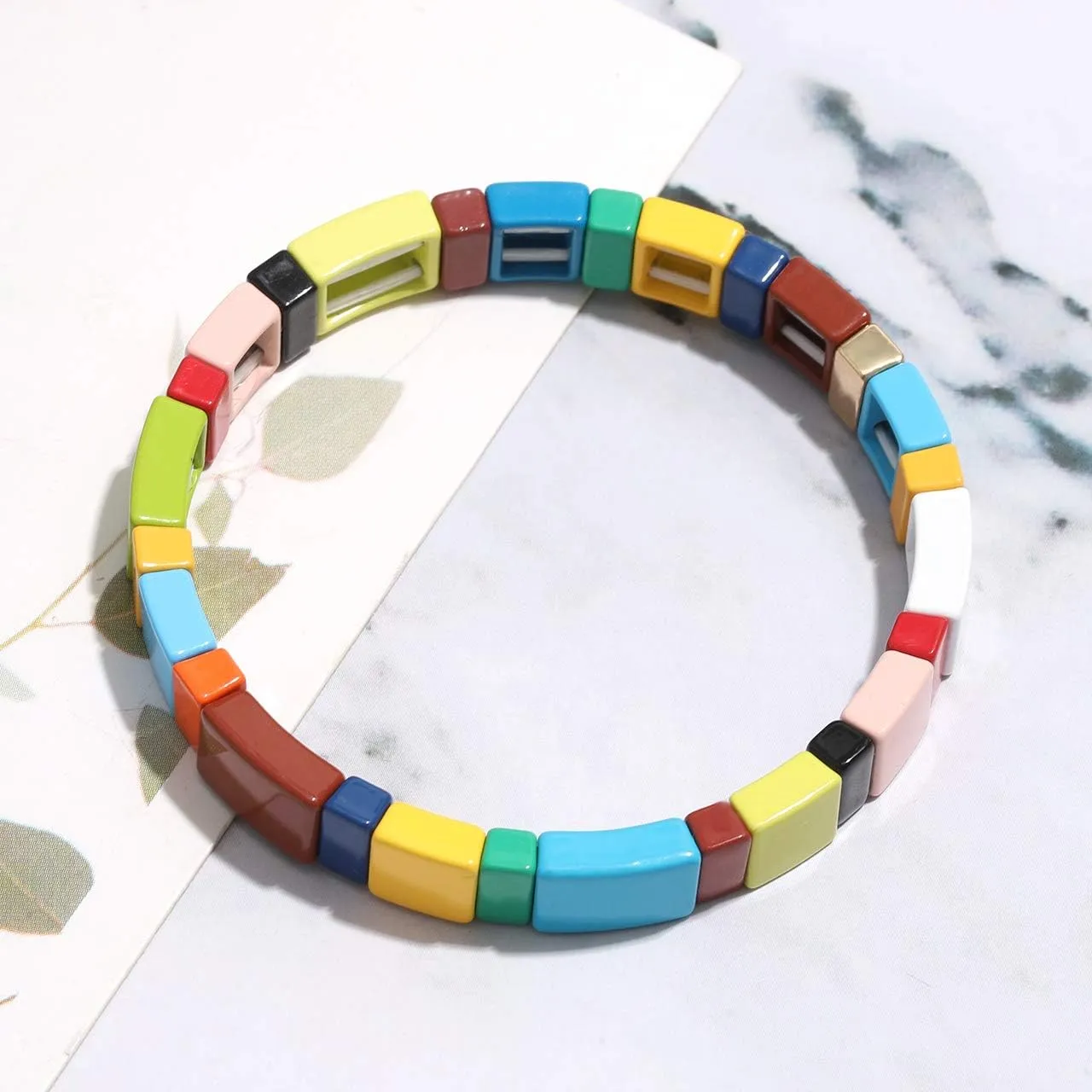 NVENF Tile Bracelets Enamel Rainbow Tile Bead Bracelets Colorblock Stackable Stretch Bracelets Bohemia Tile Strand Bangle Bracelet Set for Women Men