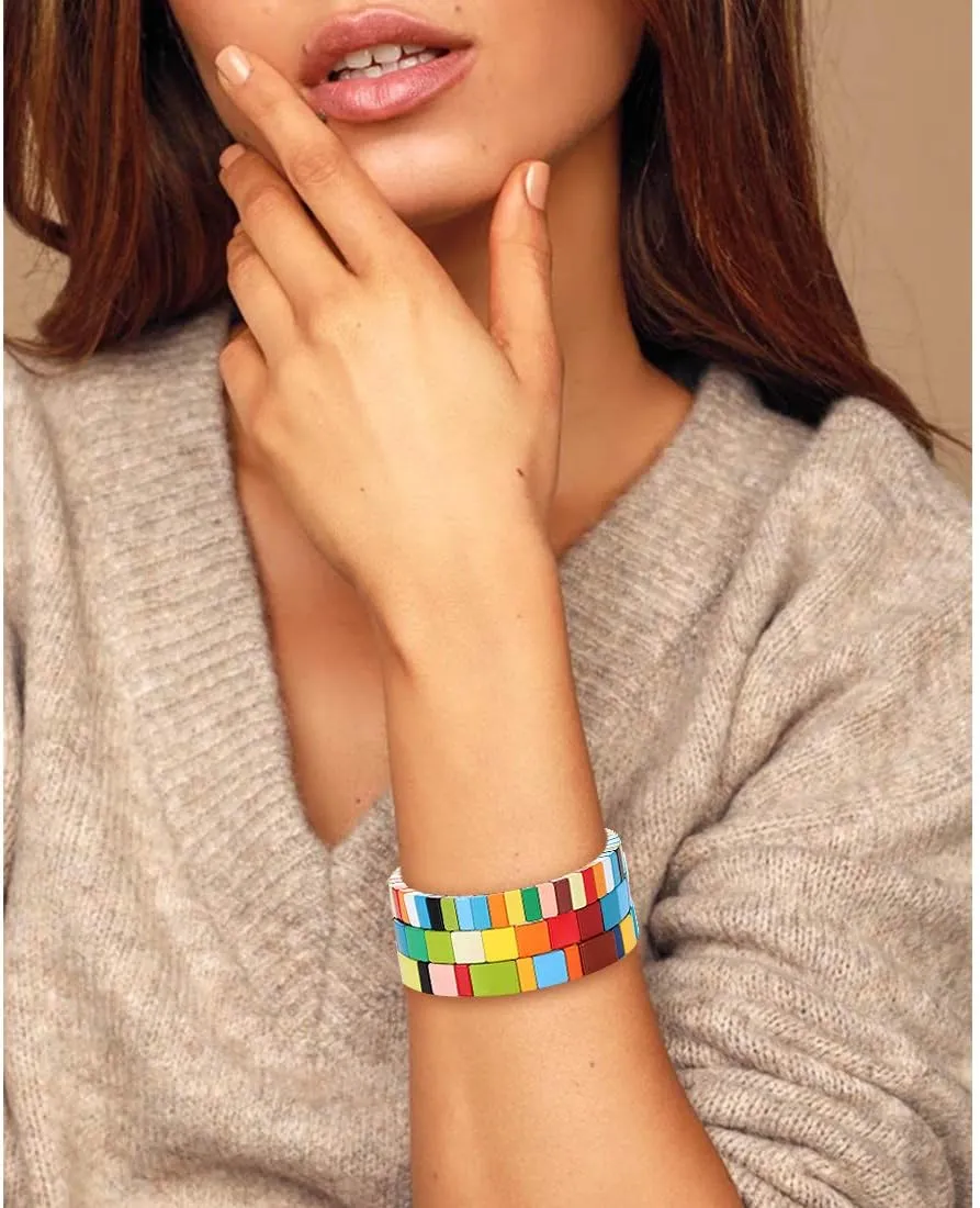NVENF Tile Bracelets Enamel Rainbow Tile Bead Bracelets Colorblock Stackable Stretch Bracelets Bohemia Tile Strand Bangle Bracelet Set for Women Men
