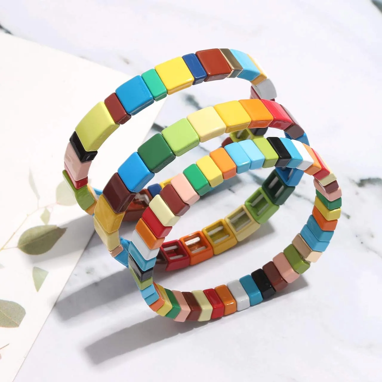 NVENF Tile Bracelets Enamel Rainbow Tile Bead Bracelets Colorblock Stackable Stretch Bracelets Bohemia Tile Strand Bangle Bracelet Set for Women Men