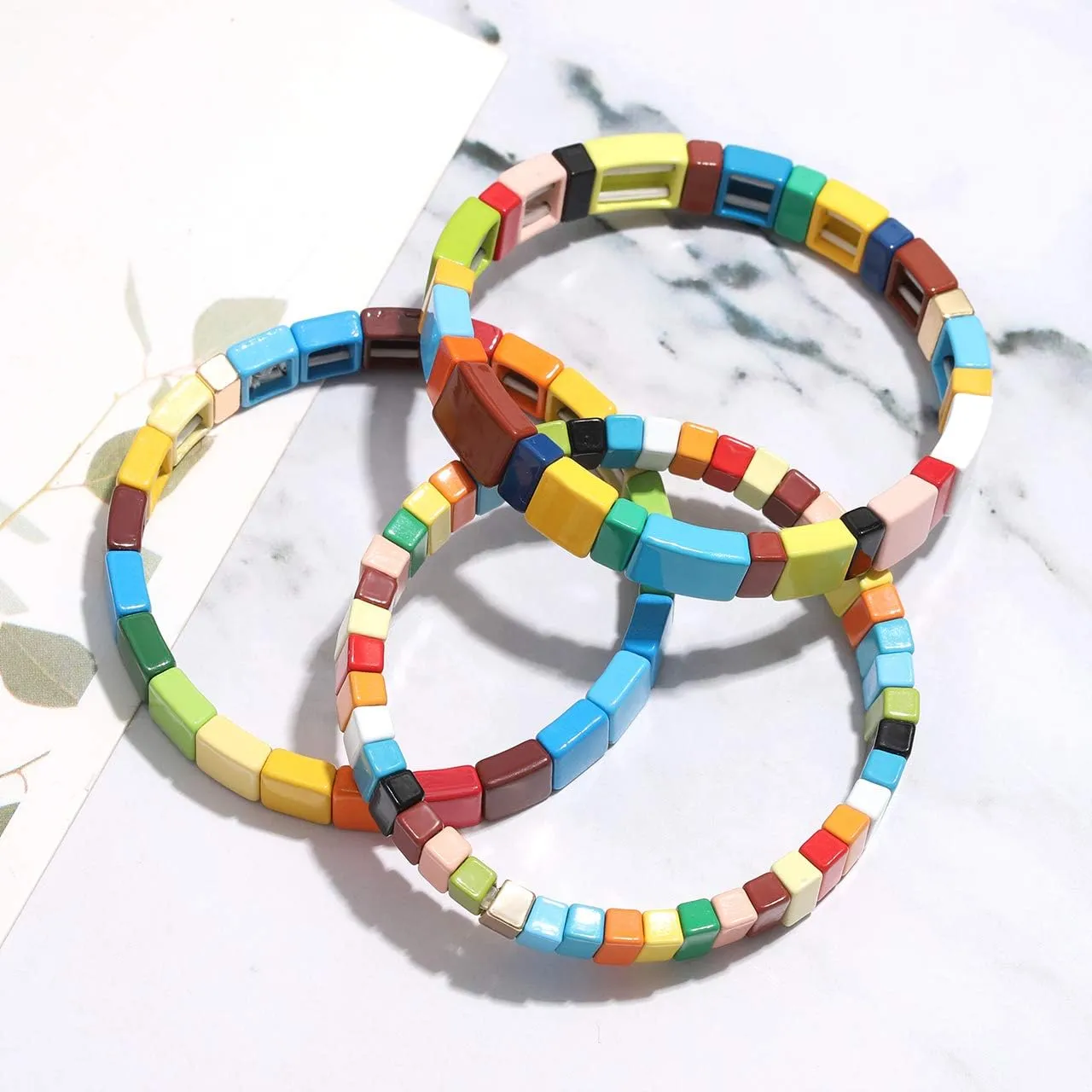 NVENF Tile Bracelets Enamel Rainbow Tile Bead Bracelets Colorblock Stackable Stretch Bracelets Bohemia Tile Strand Bangle Bracelet Set for Women Men