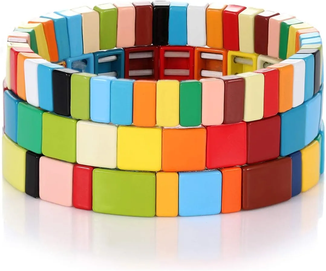 NVENF Tile Bracelets Enamel Rainbow Tile Bead Bracelets Colorblock Stackable Stretch Bracelets Bohemia Tile Strand Bangle Bracelet Set for Women Men