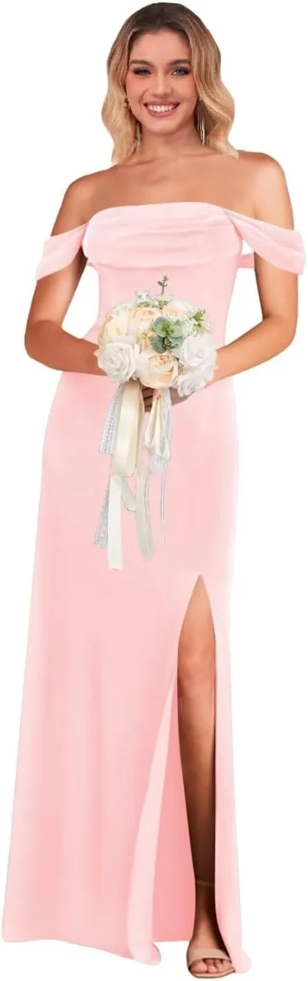 Off The Shoulder Bridesmaid Dress with Slit Chiffon Long Formal Evening Dresses for Women