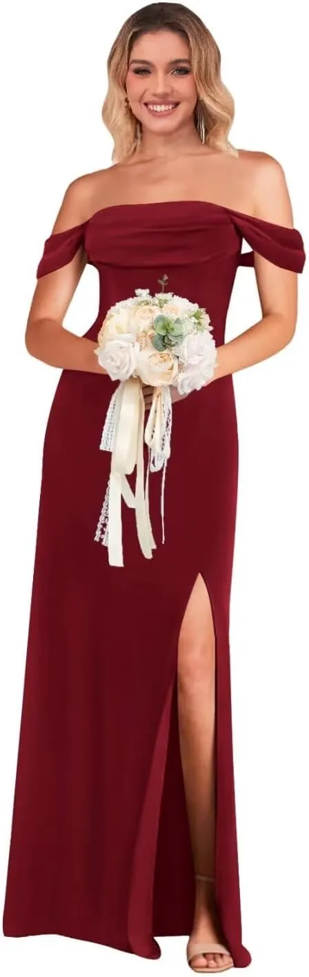 Off The Shoulder Bridesmaid Dress with Slit Chiffon Long Formal Evening Dresses for Women