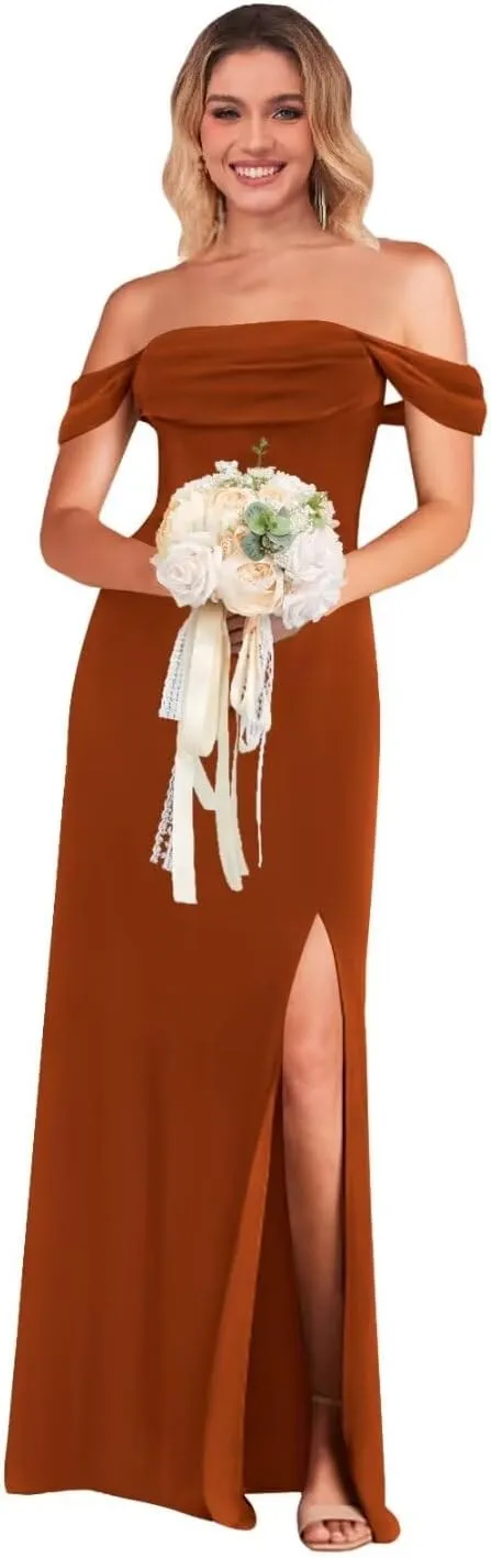 Off The Shoulder Bridesmaid Dress with Slit Chiffon Long Formal Evening Dresses for Women