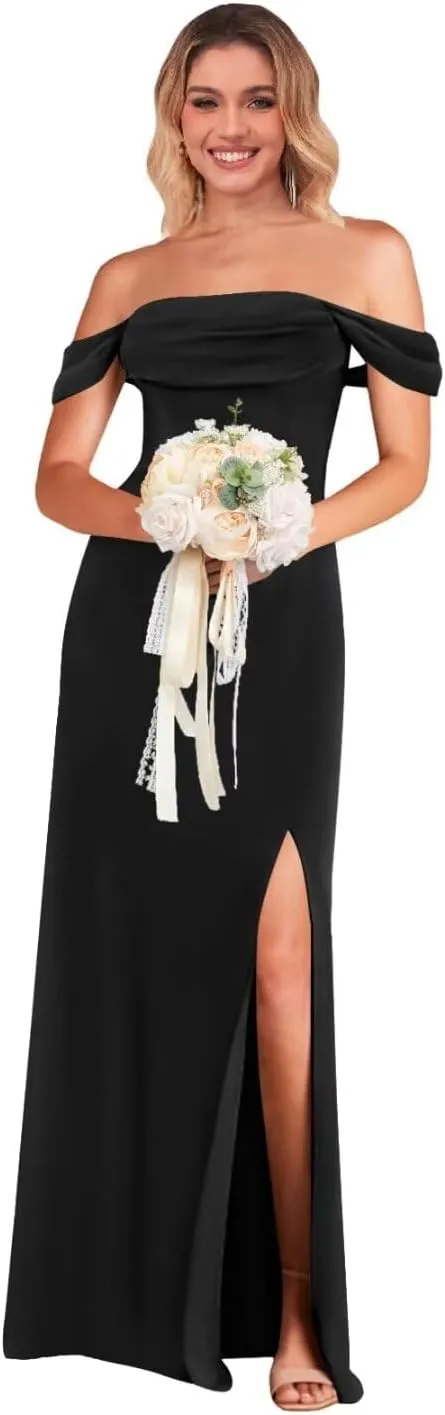 Off The Shoulder Bridesmaid Dress with Slit Chiffon Long Formal Evening Dresses for Women