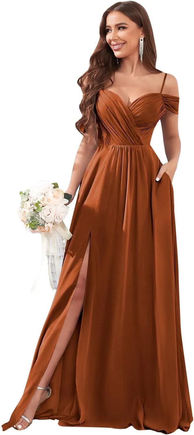 Off The Shoulder Bridesmaid Dresses for Wedding with Slit A-Line Chiffon Formal Party Gown with Pockets