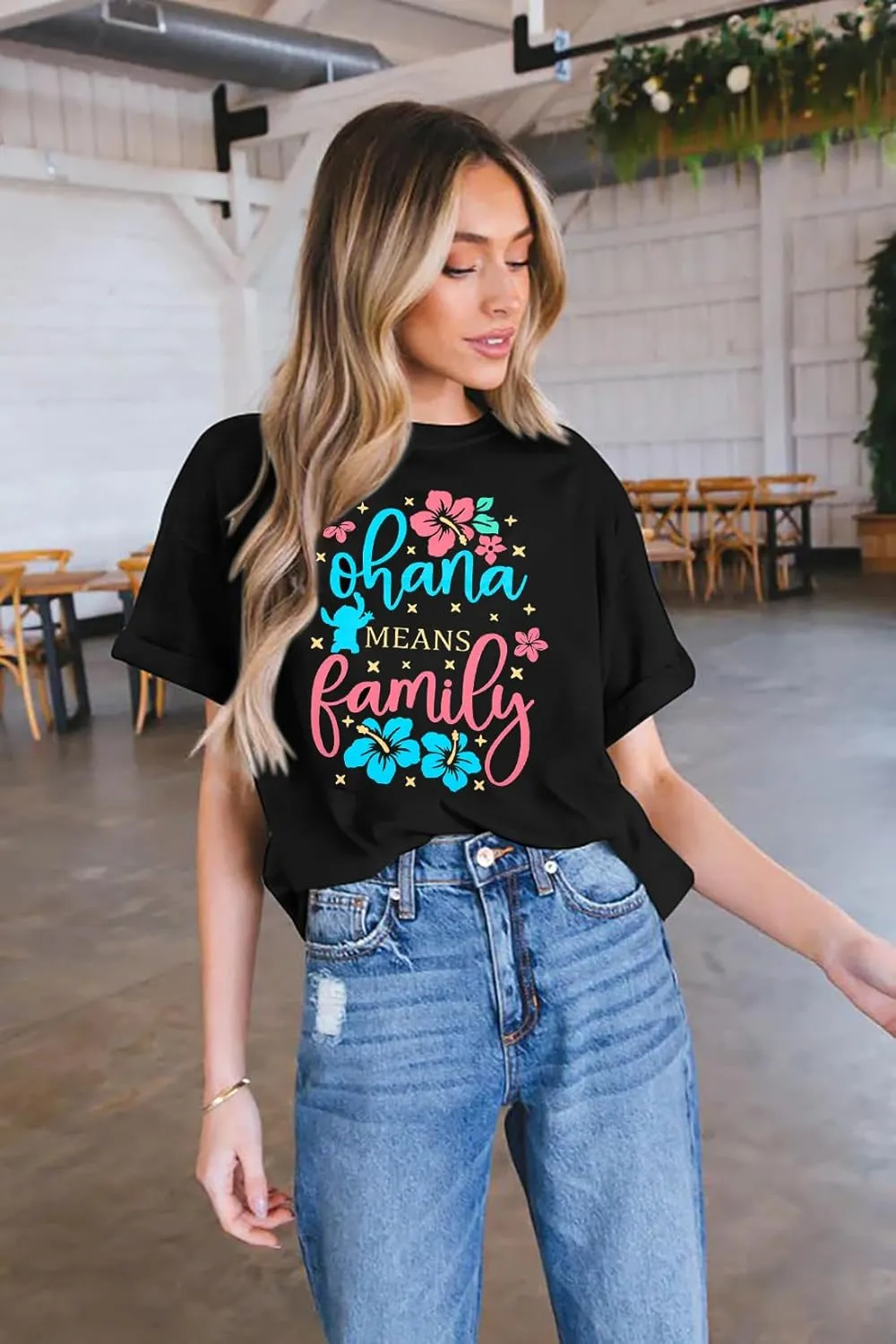 Ohana Means Family Tshirt Women Hawaiian Shirts Hawaii Tropical Graphic Tees Summer Beach Short Sleeve Tops