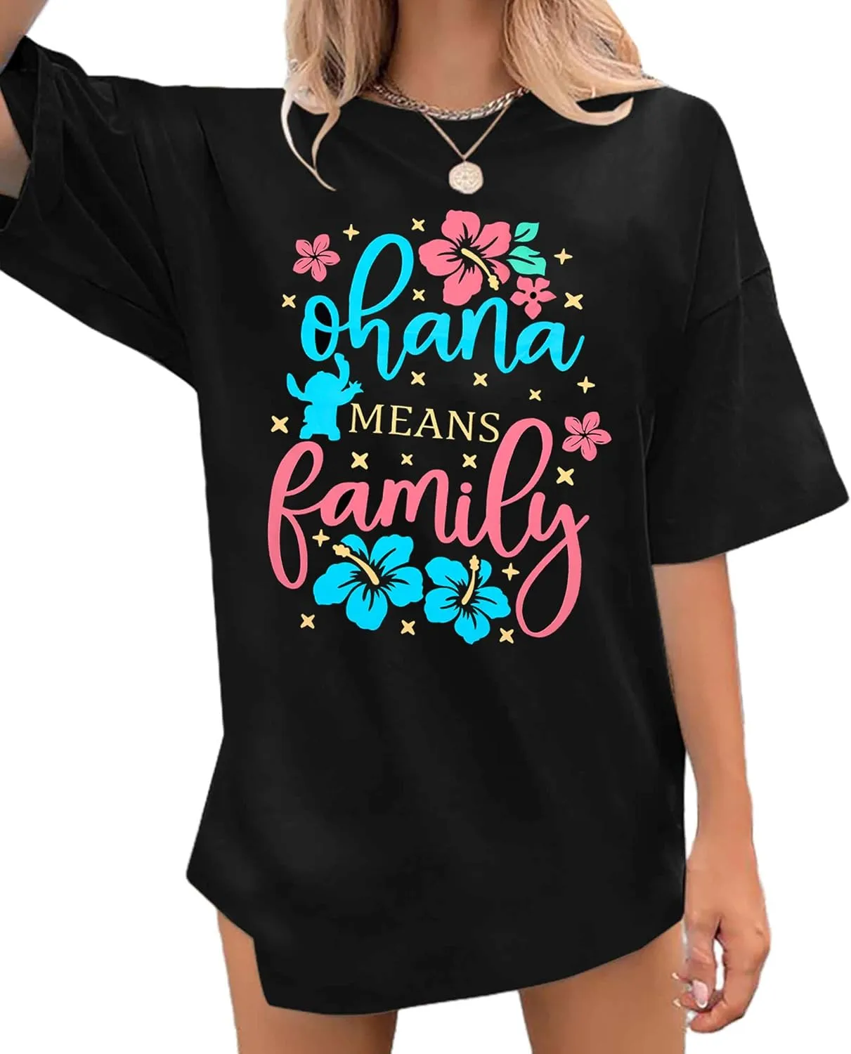 Ohana Means Family Tshirt Women Hawaiian Shirts Hawaii Tropical Graphic Tees Summer Beach Short Sleeve Tops