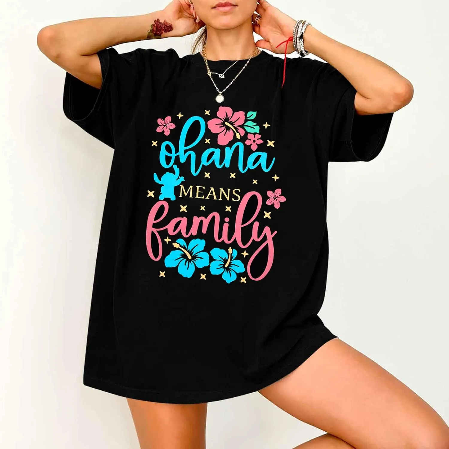 Ohana Means Family Tshirt Women Hawaiian Shirts Hawaii Tropical Graphic Tees Summer Beach Short Sleeve Tops