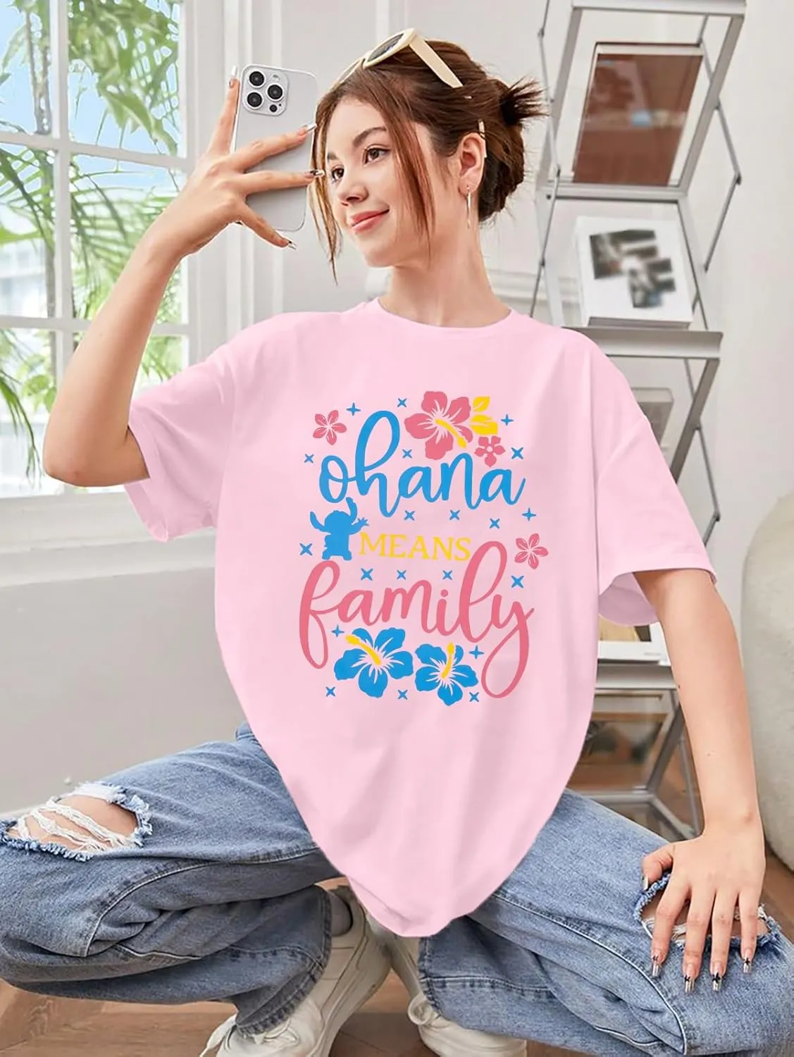 Ohana Means Family Tshirt Women Hawaiian Shirts Hawaii Tropical Graphic Tees Summer Beach Short Sleeve Tops