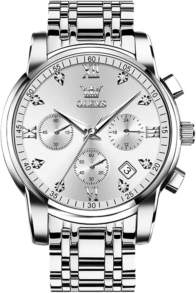 OLEVS Men Watches with Date Bussiness Watches for Male Luminous Quartz Mens Watches Waterproof with Stainless Steel Strap Stopwatch Timing Function (Silver Band Silver dial)