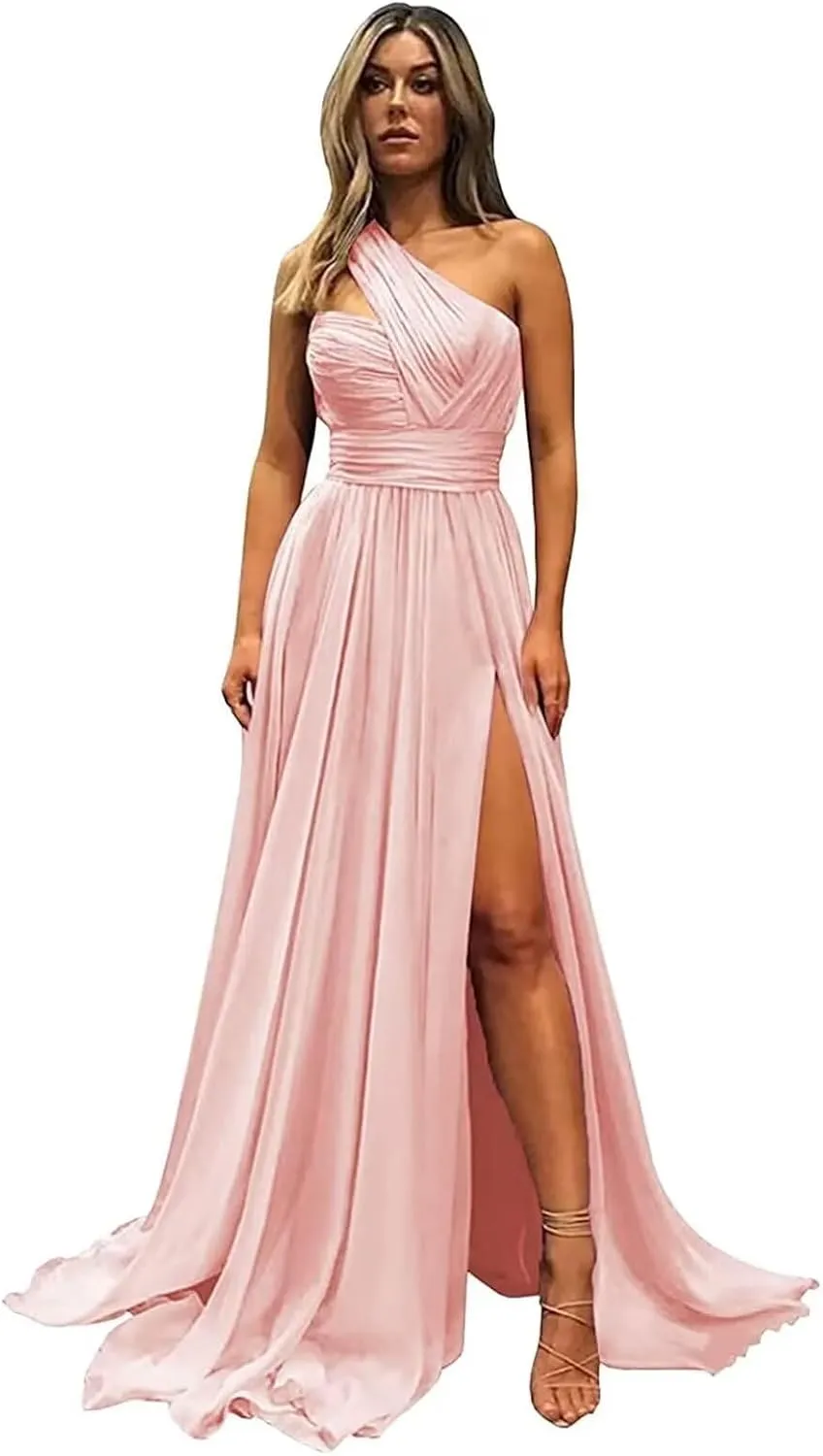 One Shoulder Chiffon Bridesmaid Dresses for Wedding Ruched Long Formal Dress Evening Gowns with Slit