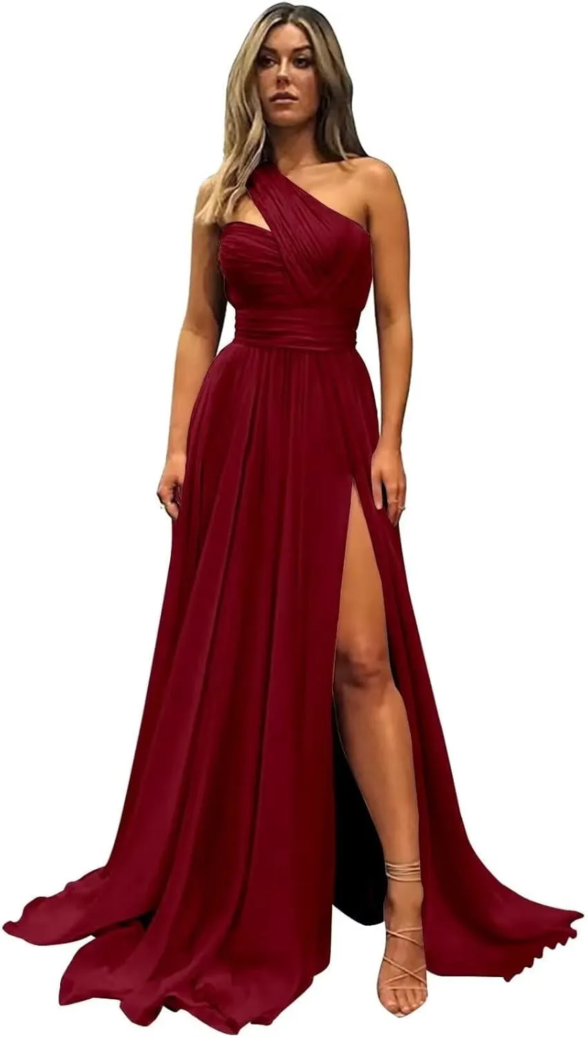 One Shoulder Chiffon Bridesmaid Dresses for Wedding Ruched Long Formal Dress Evening Gowns with Slit