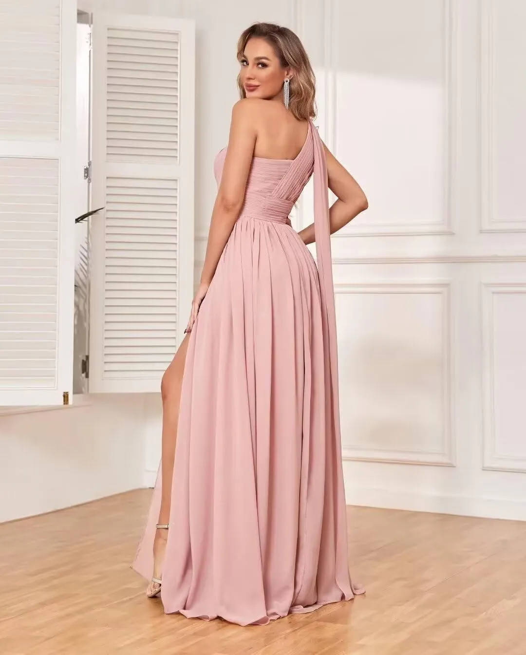 One Shoulder Chiffon Bridesmaid Dresses for Wedding Ruched Long Formal Dress Evening Gowns with Slit