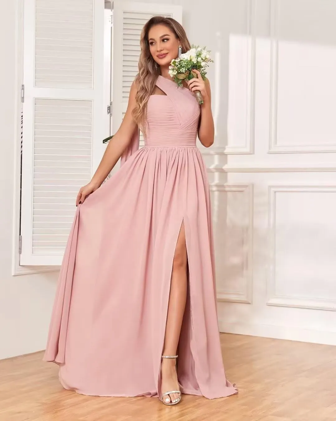 One Shoulder Chiffon Bridesmaid Dresses for Wedding Ruched Long Formal Dress Evening Gowns with Slit